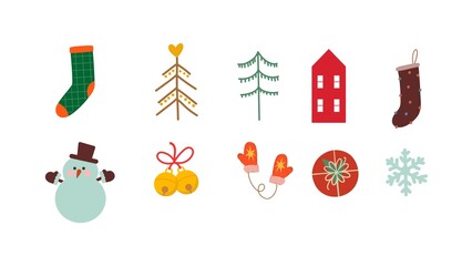 Christmas Collection with Snowman, Mittens, Pine Trees, and Gift Box