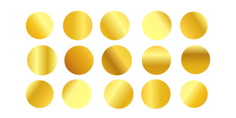 Gold gradients metallic gradients set. Golden gradient color set. Gold and yellow gradients set. Plates shiny gold effect. Metallic gold, bronze metal pattern set. Gradient color