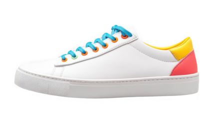 Minimalist white leather sneaker featuring vibrant multi-colored laces and heel accents isolated on black