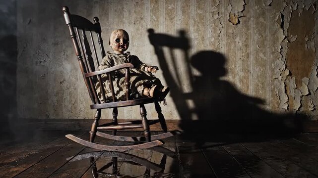 A creepy vintage doll sits ominously in an old rocking chair, casting a dramatic shadow within the dark, prison-like room.