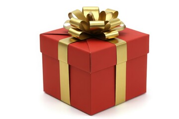 Obraz premium A vibrant red gift box with a lustrous gold ribbon and bow, perfectly presented on a stark white background