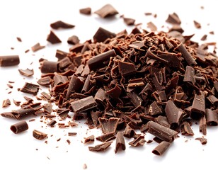 Close-up of a pile of dark chocolate shavings and chunks on a stark white background. Focus is on texture and detail