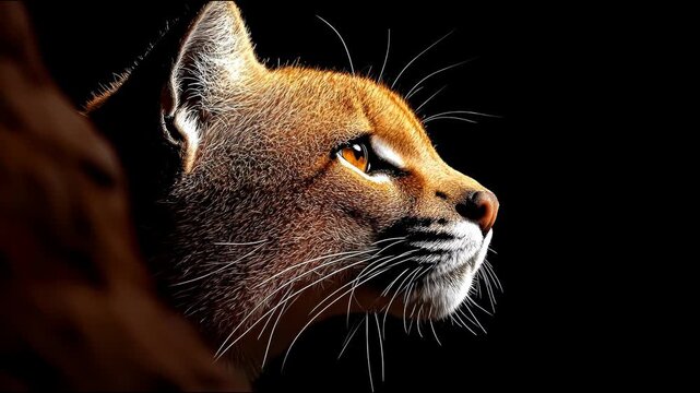 A detailed headshot of a caracal cat in profile against a stark black background.  Warm, golden tones and highlights