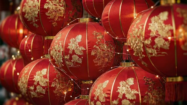 Moving close-up of a vibrant row of red Chinese lanterns with golden floral patterns, strung with tiny lights, for Lunar New Year decoration