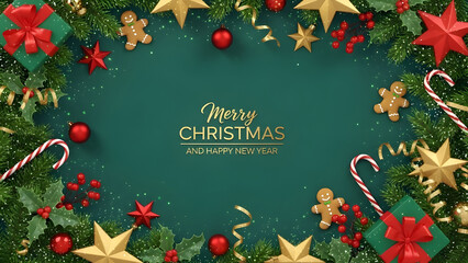 Merry christmas greeting card design with festive border of fir branches, gingerbread men, candy canes, ornaments, stars, and gifts on a dark green background