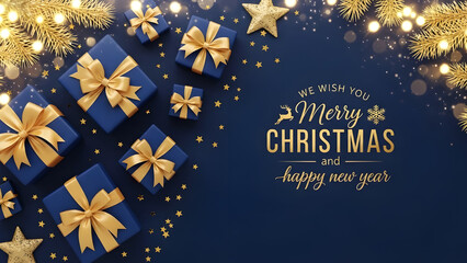 Merry christmas and happy new year greeting card with blue gift boxes and golden sparkling decorations on dark blue background