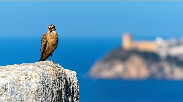 A hawk surveys its landscape perch on a cliff overlooking the sea, distant mountains blurred. Bright blue sky backdrop