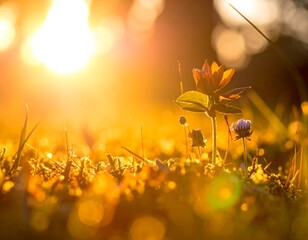Close-up of small plants bathed in golden sunlight. The focus is soft, with sun flare adding warmth and a bokeh effect to the background