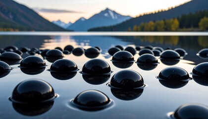 Close-up of black spheres partially submerged in calm water, with mountain peaks and autumn trees in the distant background