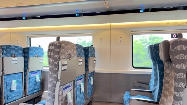 Jakarta, Indonesia - November 06th 2025:  The first Indonesian High Speed Railway, in the economy class cabin, the interior design and seats look comfortable and luxurious for passenger. Whoosh.
