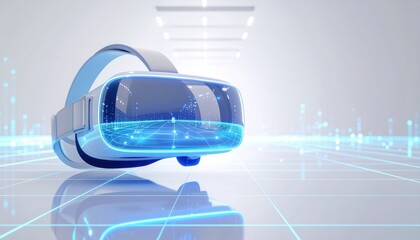 Futuristic VR headset with glowing blue digital data streams in a modern, clean environment.