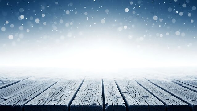 Snowy landscape with wooden planks and falling snow