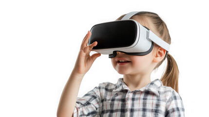 Young girl wearing a white virtual reality headset smiling while exploring digital worlds on black background