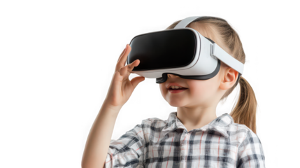 Young girl wearing a white virtual reality headset smiling while exploring digital worlds on black background