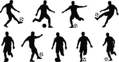 Soccer Football Player Silhouettes Vector Collection, Dynamic Action Poses Set, Kicking Dribbling Sports Graphic Elements, Game Activities Isolated on White Background.