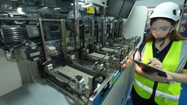 Close-up of a female engineer inspecting precision automation machinery. Professional woman in safety gear checking complex robotic components for industrial quality control in a modern factory.
