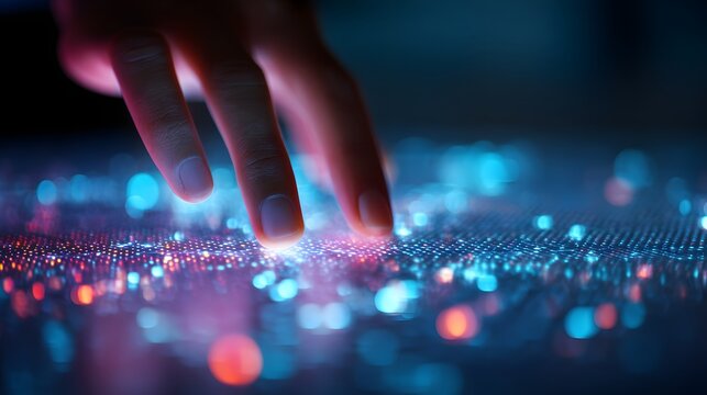Hand interacting with futuristic technology interface with glowing lights. - Powered by Adobe