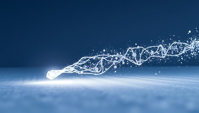  frozen comet made of faceted crystal streaking slowly across a silent snow landscape, leaving trails of glitter and soft white sparks