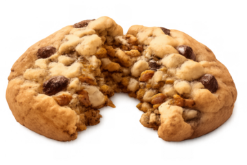Chocolate chip cookie broken in half revealing chewy center recipe, delicious baked sweet snack food, transparent background