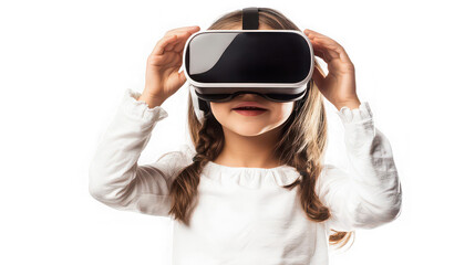 Young girl wearing a virtual reality headset experiencing futuristic digital entertainment and gaming fun