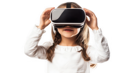 Young girl wearing a virtual reality headset experiencing futuristic digital entertainment and gaming fun