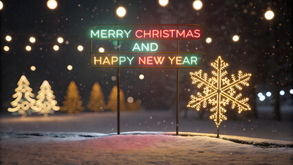 Merry Christmas And Happy New Year Neon Sign With Golden Snowflakes Bokeh Background.
