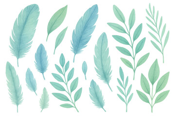 Watercolor feathers and botanical leaves set with transparent background, nature inspired pastel illustration