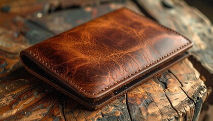 A weathered brown leather wallet sits on a textured wooden surface
