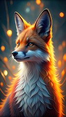 Naklejka premium A whimsical, pixelated fox with vibrant orange and white fur, set against a soft focus digital background