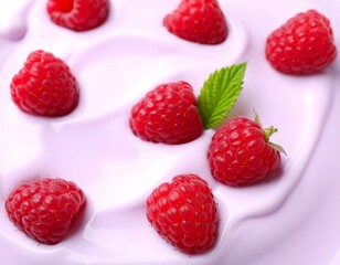 Close-up of creamy, light-purple textured food, adorned with vibrant red fruit, and a single green leaf