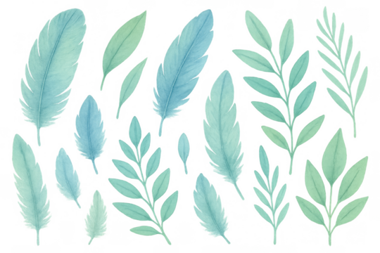 Watercolor feathers and botanical leaves set with transparent background, nature inspired pastel illustration - Powered by Adobe