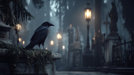 Foggy Graveyard at Dawn with Weathered Tombstones and Lanterns
