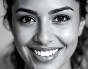 Close-up of a smiling woman's face, showcasing her bright eyes, perfectly aligned teeth, and radiant skin in grayscale