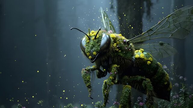 Close-up of a fantasy insect with mossy texture in a mystical forest