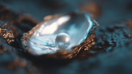 Obraz premium Close-up macro shot of natural oyster forming a pearl, underwater origin concept, scientific jewelry creation, realistic 8k detail, ocean aesthetic