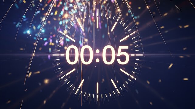 Digital countdown clock showing five seconds with vibrant sparkling fireworks.