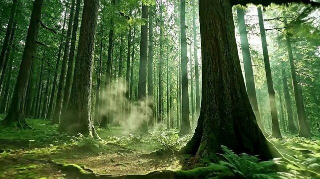 Nature forest video background, soft green light filtering through trees, gentle fog movement, quiet spiritual atmosphere, calming peaceful feeling
