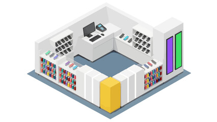 An isometric view of a compact white kiosk shows shelves filled with colorful phone cases, counters displaying smartphones, a cashier station with a computer, and a yellow corner pillar