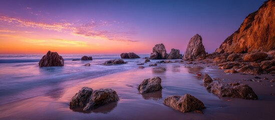 Ocean Rocks at Colorful Sunset Beach Tranquil Seascape