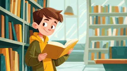 Boy Reading Open Book in Library with Colorful Bookshelves and Bright Lighting
