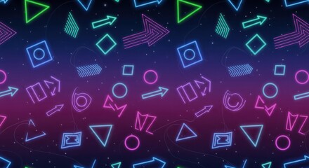 Vibrant neon geometric shapes and arrows floating against a dark cosmic background
