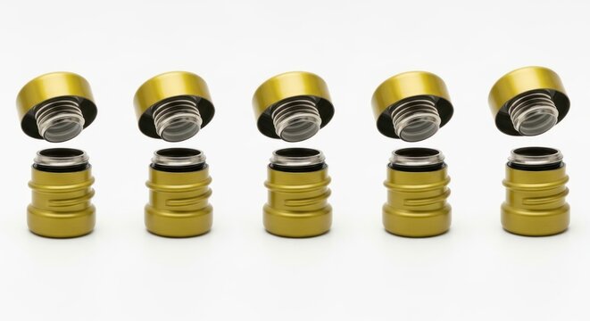 stacked yellow and black light bulbs with open lids in a row on white background