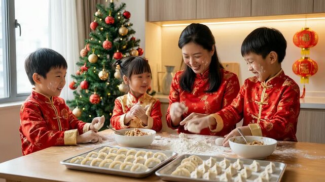 Asian woman and two asian children in traditional clothing making traditional dumplings together near festive decorations for Lunar New Year.