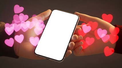 Hand Holding Smartphone with Colorful Heart Shapes Background