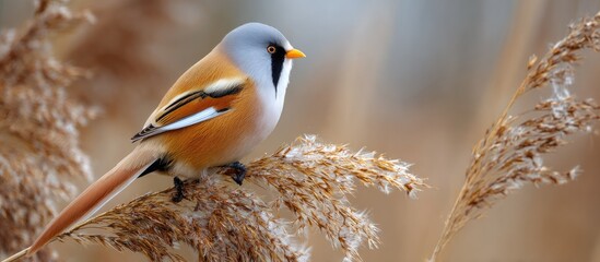 Bearded Tit Perched on Brown Reed Branch in Natural Habitat