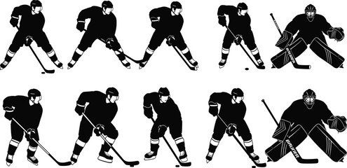Ice Hockey Player Silhouettes Vector Set, Diverse Poses, Skaters and Goalie, Sports Graphics, Action, Game, Competition, Championship Design.