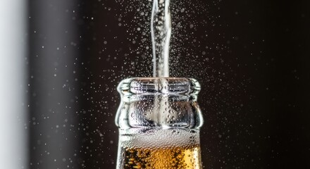Close-up of a glass jar being filled with water and bubbles forming inside on a black background