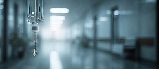 Medical Intravenous Drip in Hospital Hallway with Soft Blue Tone