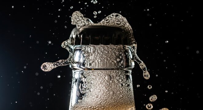 Close-up of a carbonated beverage bottle opening with bubbles and foam against a black background