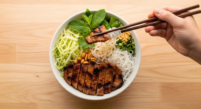 Overhead view of Vietnamese Bn Tht Nng bowl with grilled pork, vermicelli noodles, and fresh vegetables.